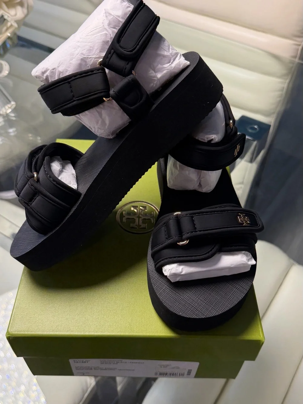 Tory Burch Black Platform Sandals with Gold Logo